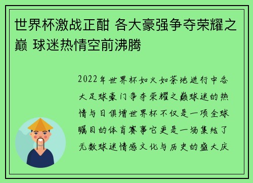 世界杯激战正酣 各大豪强争夺荣耀之巅 球迷热情空前沸腾