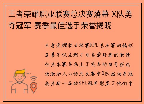 王者荣耀职业联赛总决赛落幕 X队勇夺冠军 赛季最佳选手荣誉揭晓