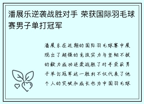 潘展乐逆袭战胜对手 荣获国际羽毛球赛男子单打冠军